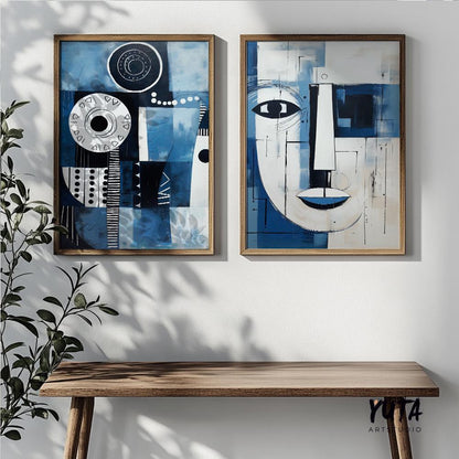 Set of 2 navy blue modern african american art print. Black man portrait, aesthetic room decor. Abstract minimalist posters