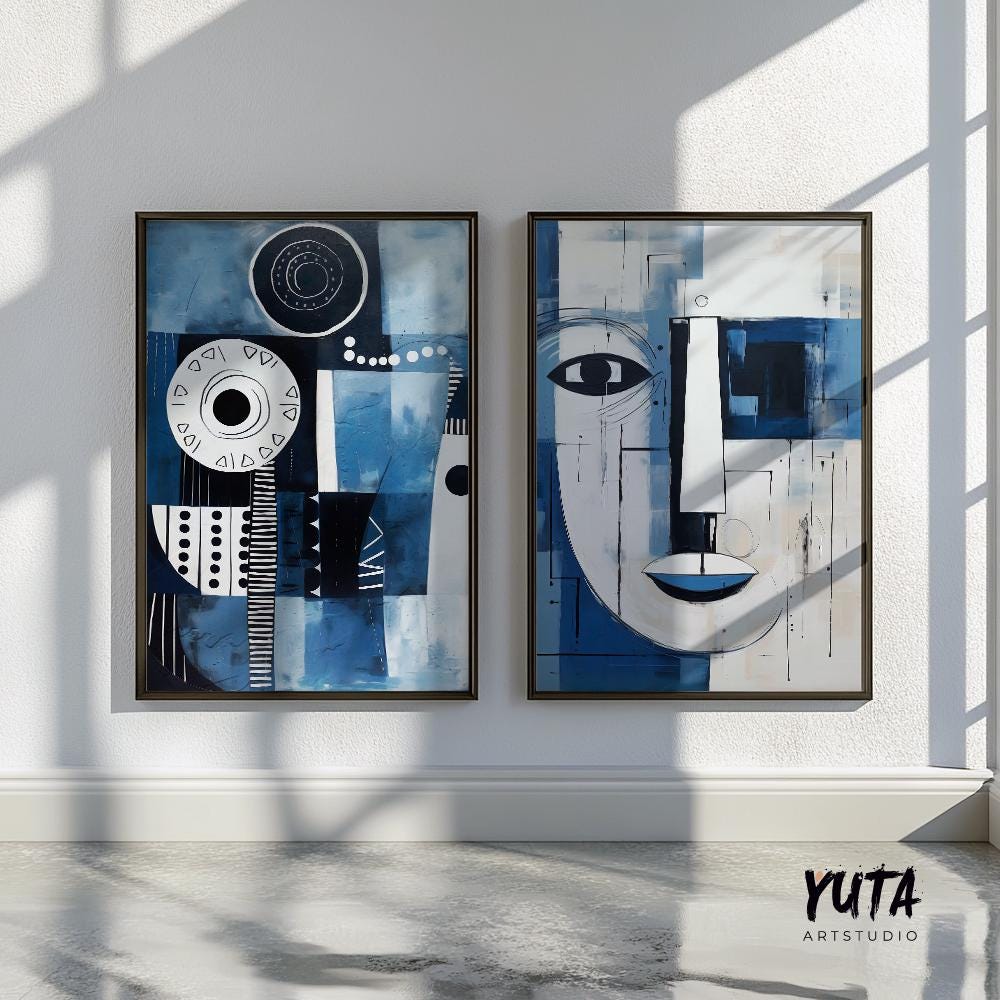 Set of 2 navy blue modern african american art print. Black man portrait, aesthetic room decor. Abstract minimalist posters