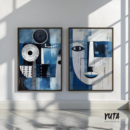 Set of 2 navy blue modern african american art print. Black man portrait, aesthetic room decor. Abstract minimalist posters