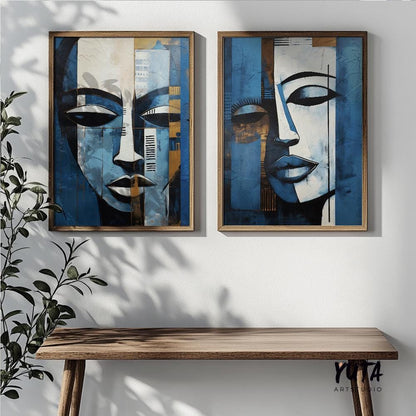 Set of 2 navy blue modern african american art print. Black woman portrait, aesthetic room decor. Abstract minimalist posters