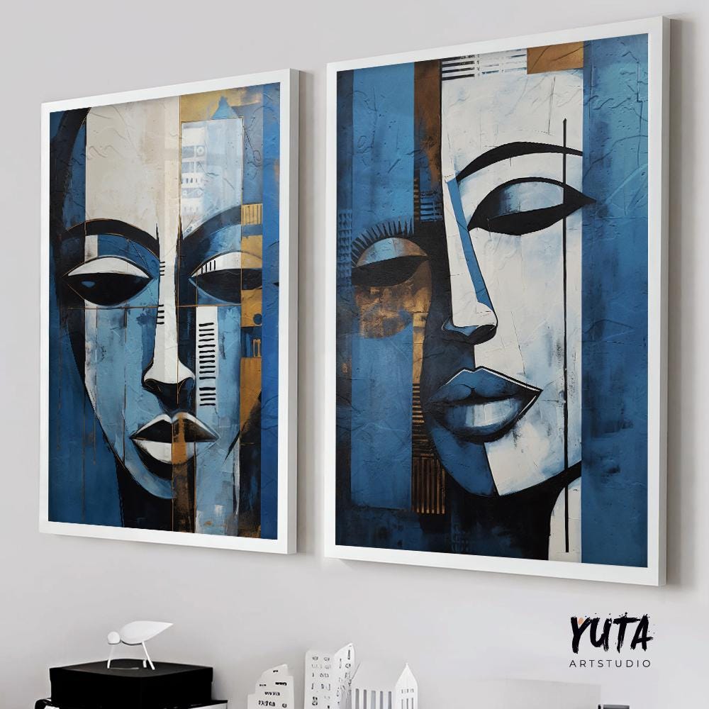 Set of 2 navy blue modern african american art print. Black woman portrait, aesthetic room decor. Abstract minimalist posters