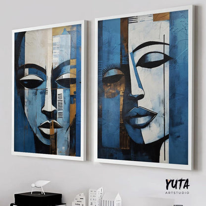 Set of 2 navy blue modern african american art print. Black woman portrait, aesthetic room decor. Abstract minimalist posters