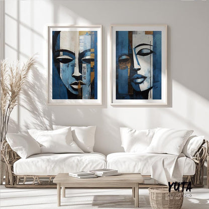 Set of 2 navy blue modern african american art print. Black woman portrait, aesthetic room decor. Abstract minimalist posters