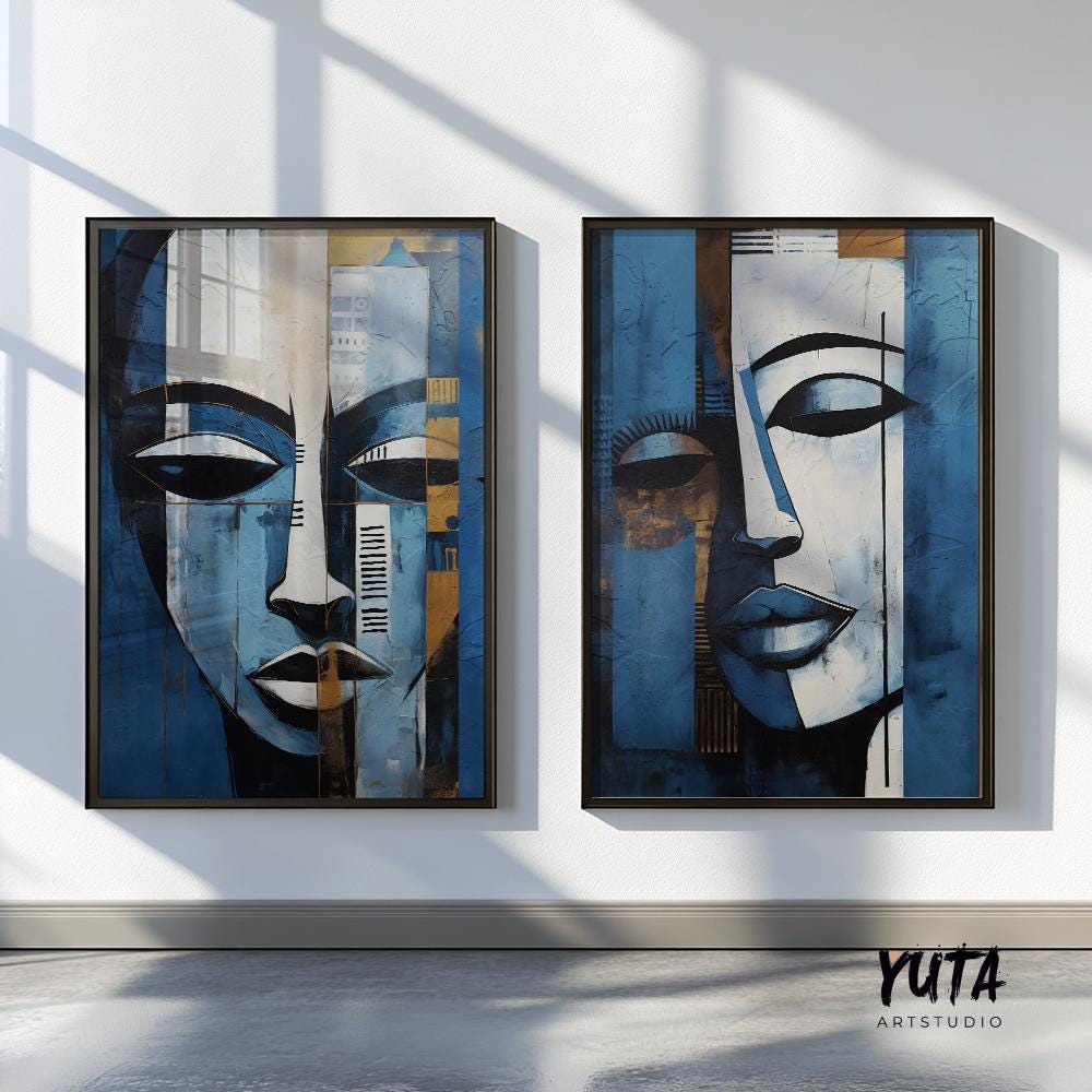 Set of 2 navy blue modern african american art print. Black woman portrait, aesthetic room decor. Abstract minimalist posters