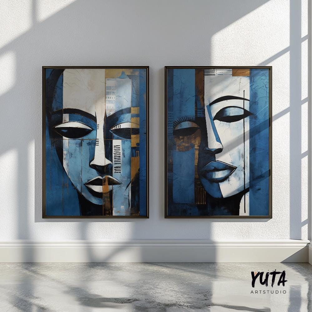 Set of 2 navy blue modern african american art print. Black woman portrait, aesthetic room decor. Abstract minimalist posters