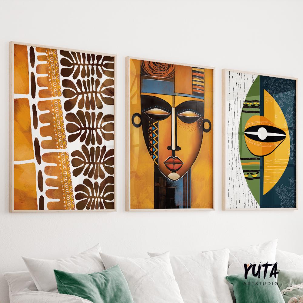 Modern african wall art set of 3 print. Abstract ethnic gallery wall set, colorful minimalist above bed african american art