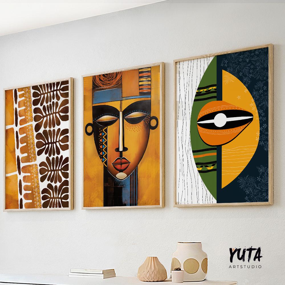Modern african wall art set of 3 print. Abstract ethnic gallery wall set, colorful minimalist above bed african american art