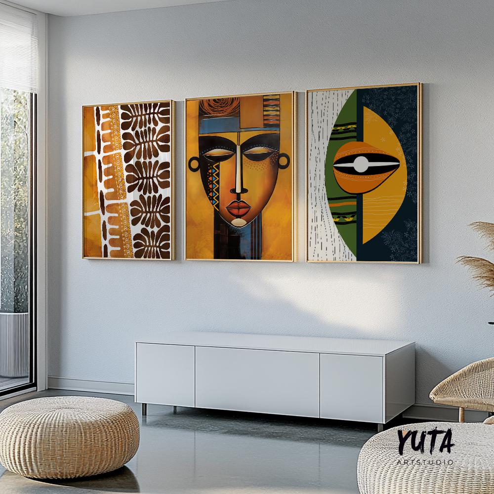 Modern african wall art set of 3 print. Abstract ethnic gallery wall set, colorful minimalist above bed african american art