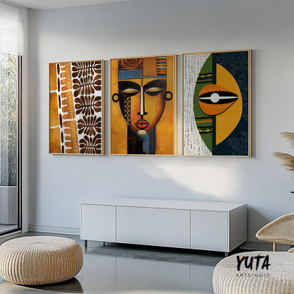 Modern african wall art set of 3 print. Abstract ethnic gallery wall set, colorful minimalist above bed african american art