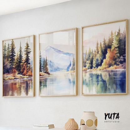 Colorful mountain wall art set of 3 print. Pastel modern nature, forest lake landscape painting posters, eclectic gallery wall set