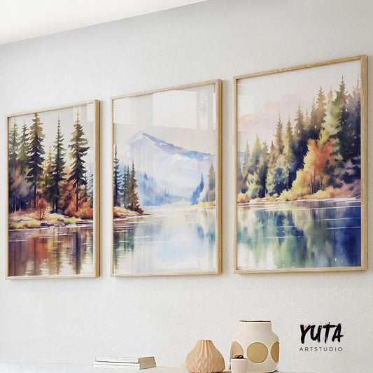 Colorful mountain wall art set of 3 print. Pastel modern nature, forest lake landscape painting posters, eclectic gallery wall set
