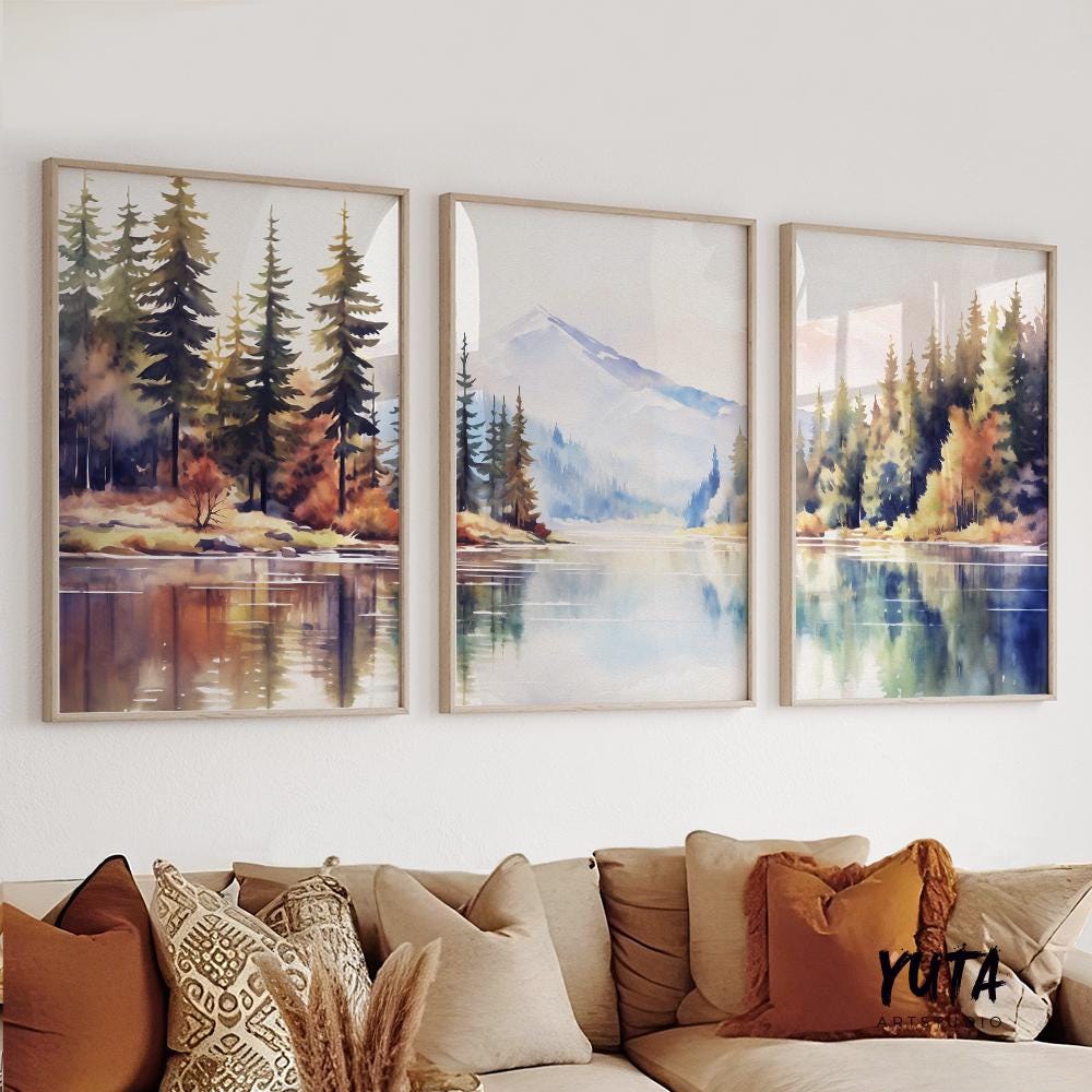 Colorful mountain wall art set of 3 print. Pastel modern nature, forest lake landscape painting posters, eclectic gallery wall set