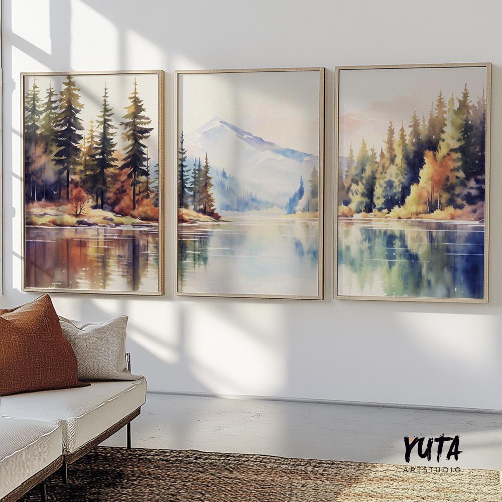Colorful mountain wall art set of 3 print. Pastel modern nature, forest lake landscape painting posters, eclectic gallery wall set