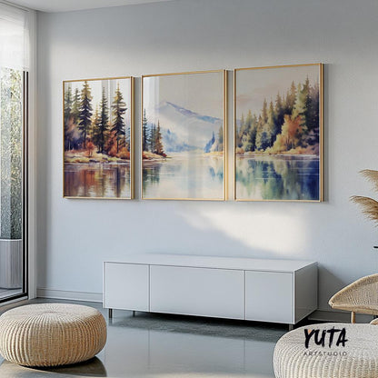 Colorful mountain wall art set of 3 print. Pastel modern nature, forest lake landscape painting posters, eclectic gallery wall set