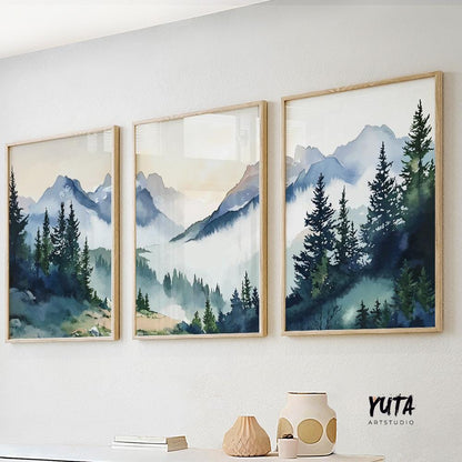 Large forest landscape posters in deep blue and earthy green tones for living room wall decor.