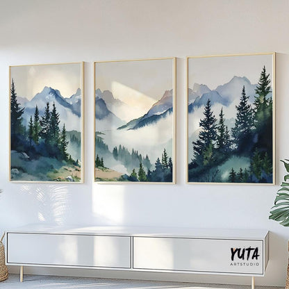 Modern boho wall art with blue green mountain scenes and calming forest views.