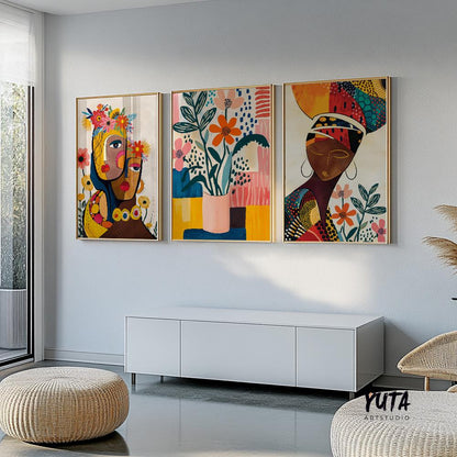 Afrocentric abstract art set of 3 prints, colorful black woman portraits, modern gallery wall decoration for apartments.