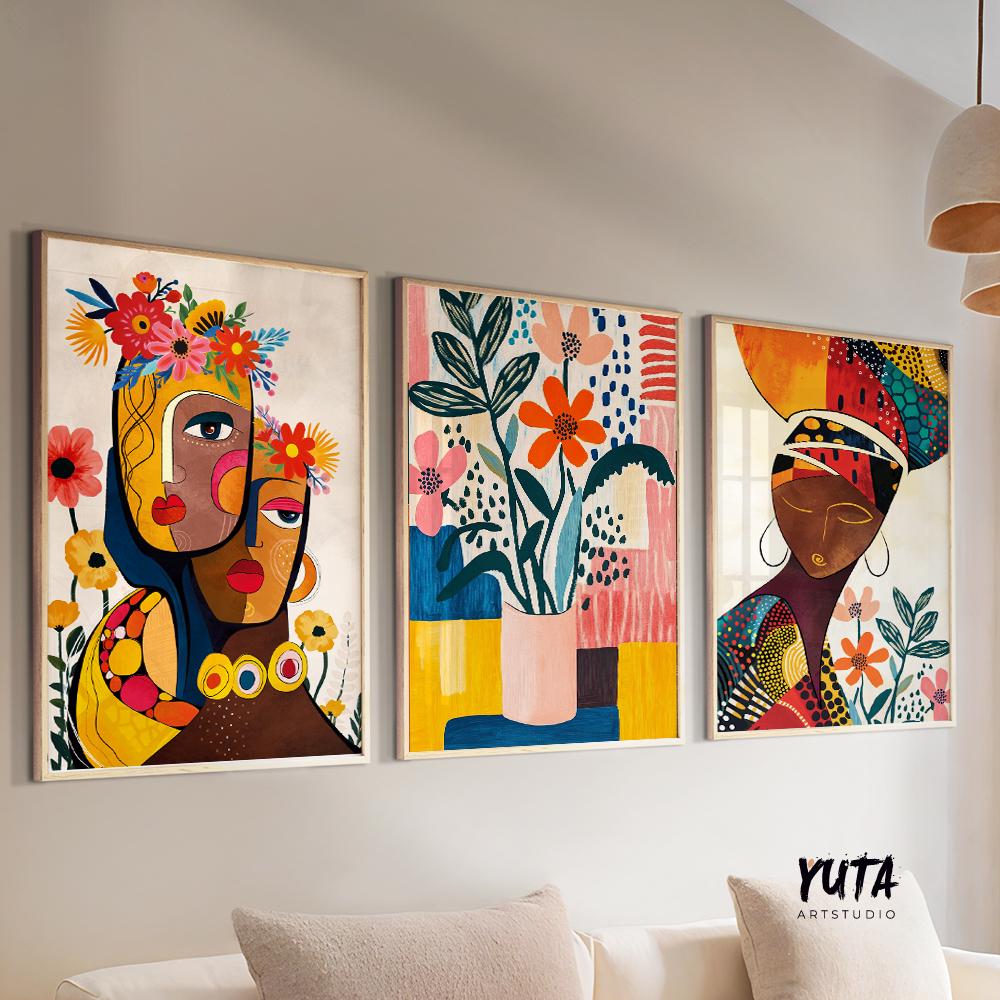 Abstract African American gallery wall set of 3 prints, vibrant black women portrait posters for modern ethnic interiors.