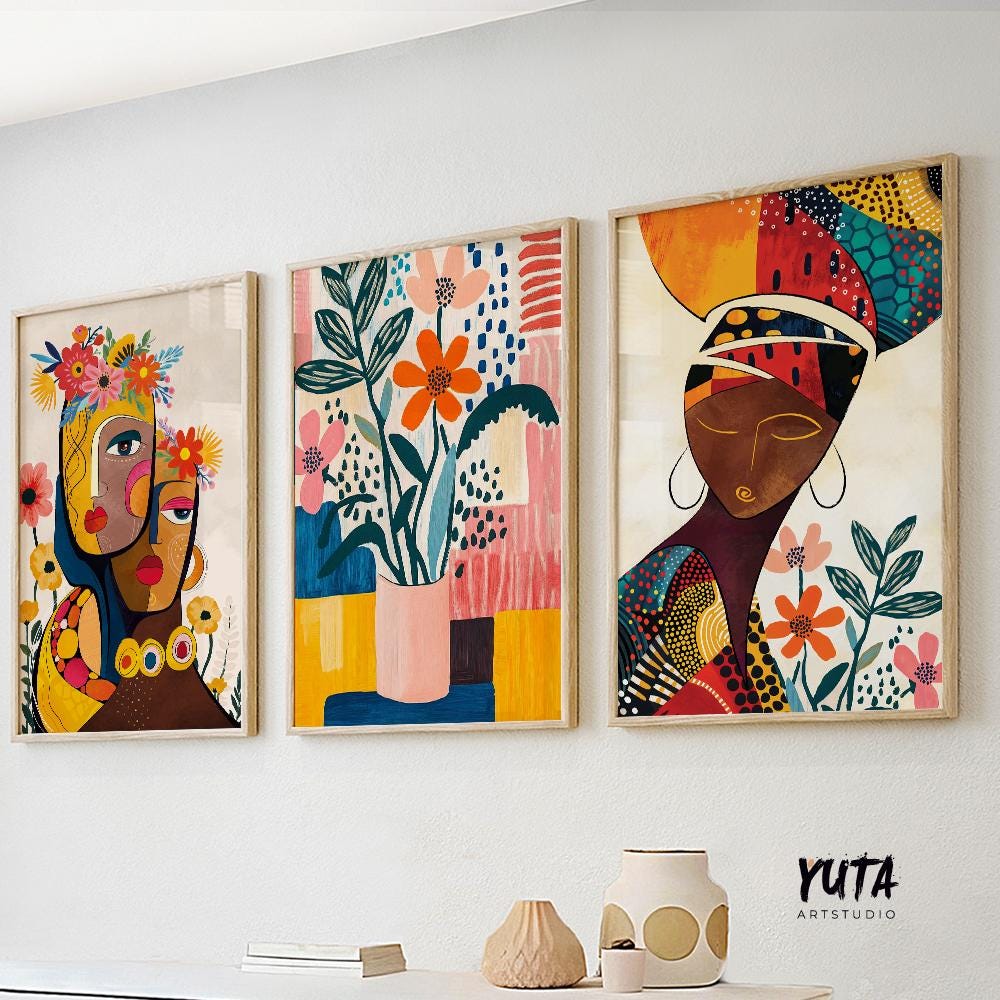 Bright Afrocentric wall art set of 3, abstract black woman portraits, colorful modern gallery wall decor for living room.