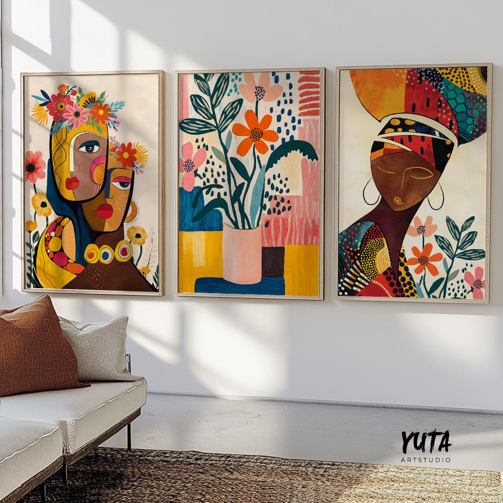 Modern colorful African American art set of 3 featuring abstract black women portraits for contemporary above bed decor.