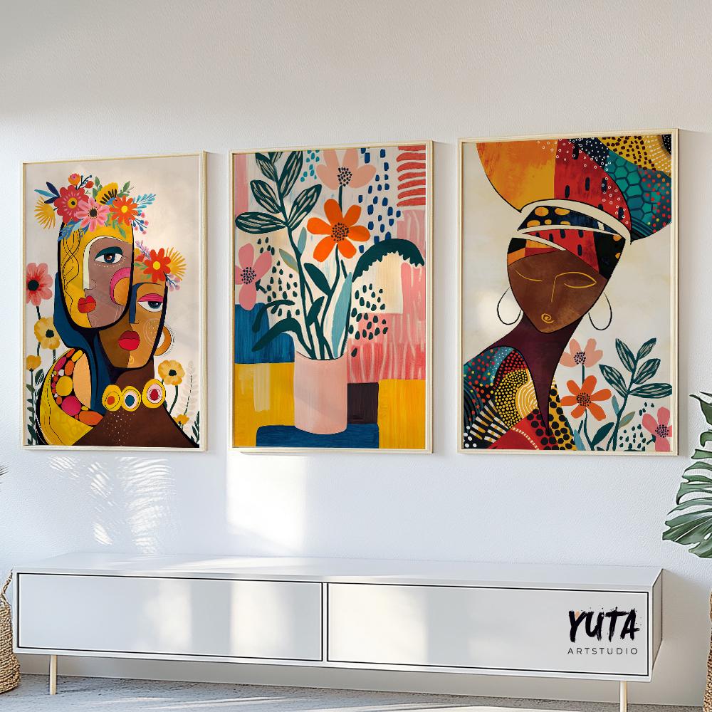 Colorful abstract African art prints set of 3, modern black women portraits, vibrant Afrocentric gallery wall decoration.