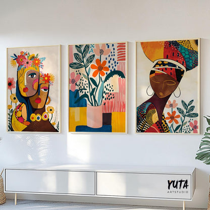 Colorful abstract African art prints set of 3, modern black women portraits, vibrant Afrocentric gallery wall decoration.