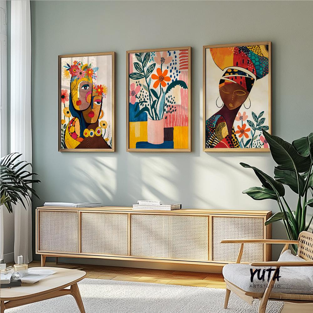 Abstract African American wall art set of 3, contemporary colorful black women portrait posters for ethnic home decor.
