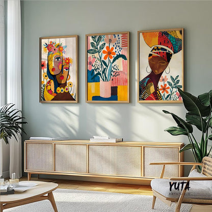 Abstract African American wall art set of 3, contemporary colorful black women portrait posters for ethnic home decor.