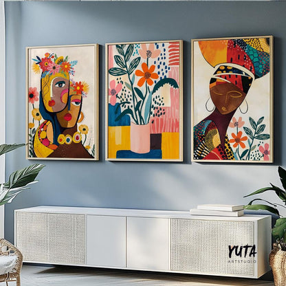 Contemporary African American art set of 3, bold abstract black women portrait prints for ethnic modern bedroom decor.
