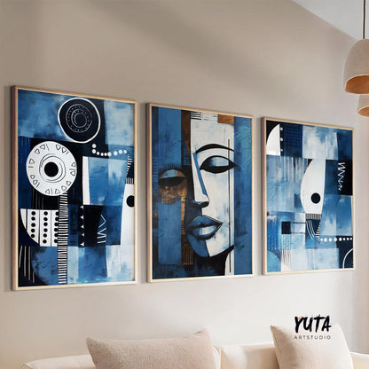 Navy blue african american art set of 3 print. Abstract africa wall art, ethnic gallery wall set. Modern above bed art, aesthetic room decor