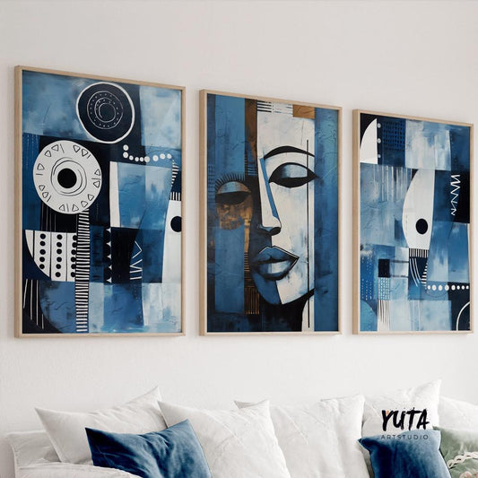 Navy blue african american art set of 3 print. Abstract africa wall art, ethnic gallery wall set. Modern above bed art, aesthetic room decor