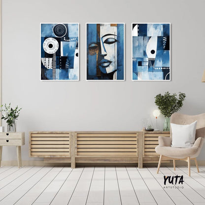 Navy blue african american art set of 3 print. Abstract africa wall art, ethnic gallery wall set. Modern above bed art, aesthetic room decor
