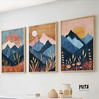 Colorful boho mountains wall art set of 3 print, mid century modern landscape posters, nature gallery wall set, aestetic room decor