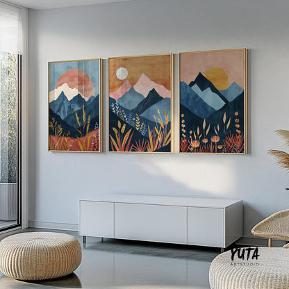 Colorful boho mountains wall art set of 3 print, mid century modern landscape posters, nature gallery wall set, aestetic room decor