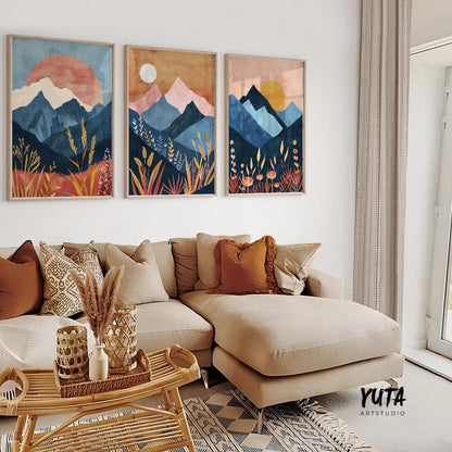 Colorful boho mountains wall art set of 3 print, mid century modern landscape posters, nature gallery wall set, aestetic room decor