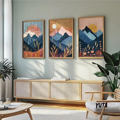 Colorful boho mountains wall art set of 3 print, mid century modern landscape posters, nature gallery wall set, aestetic room decor