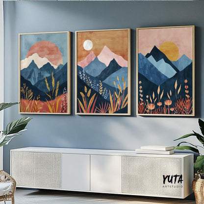 Colorful boho mountains wall art set of 3 print, mid century modern landscape posters, nature gallery wall set, aestetic room decor