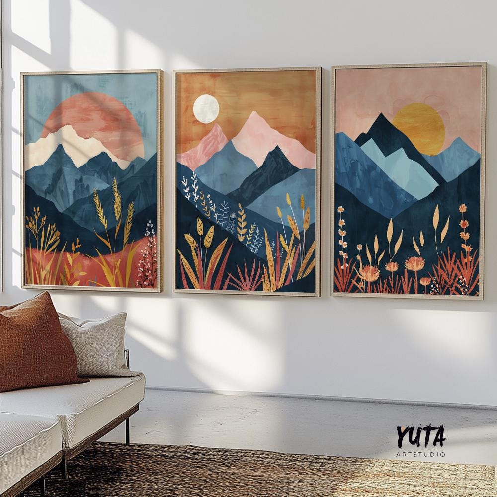 Colorful boho mountains wall art set of 3 print, mid century modern landscape posters, nature gallery wall set, aestetic room decor