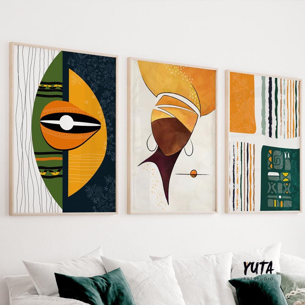 Abstract African American art set – 3 colorful prints with green tones and ethnic female portraits.