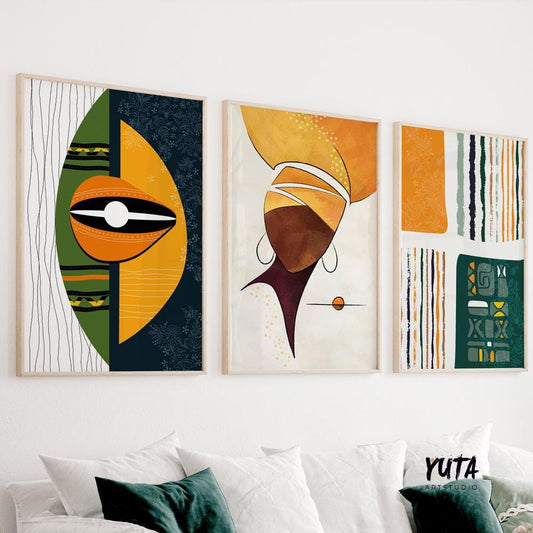 Abstract African American art set – 3 colorful prints with green tones and ethnic female portraits.