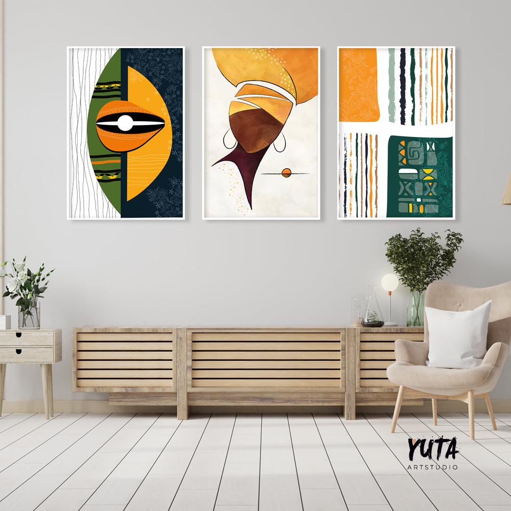 African abstract art prints – green-toned Black woman portraits for modern ethnic wall decor.