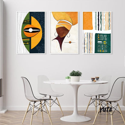Ethnic gallery wall decor – abstract African prints with green highlights and feminine energy.