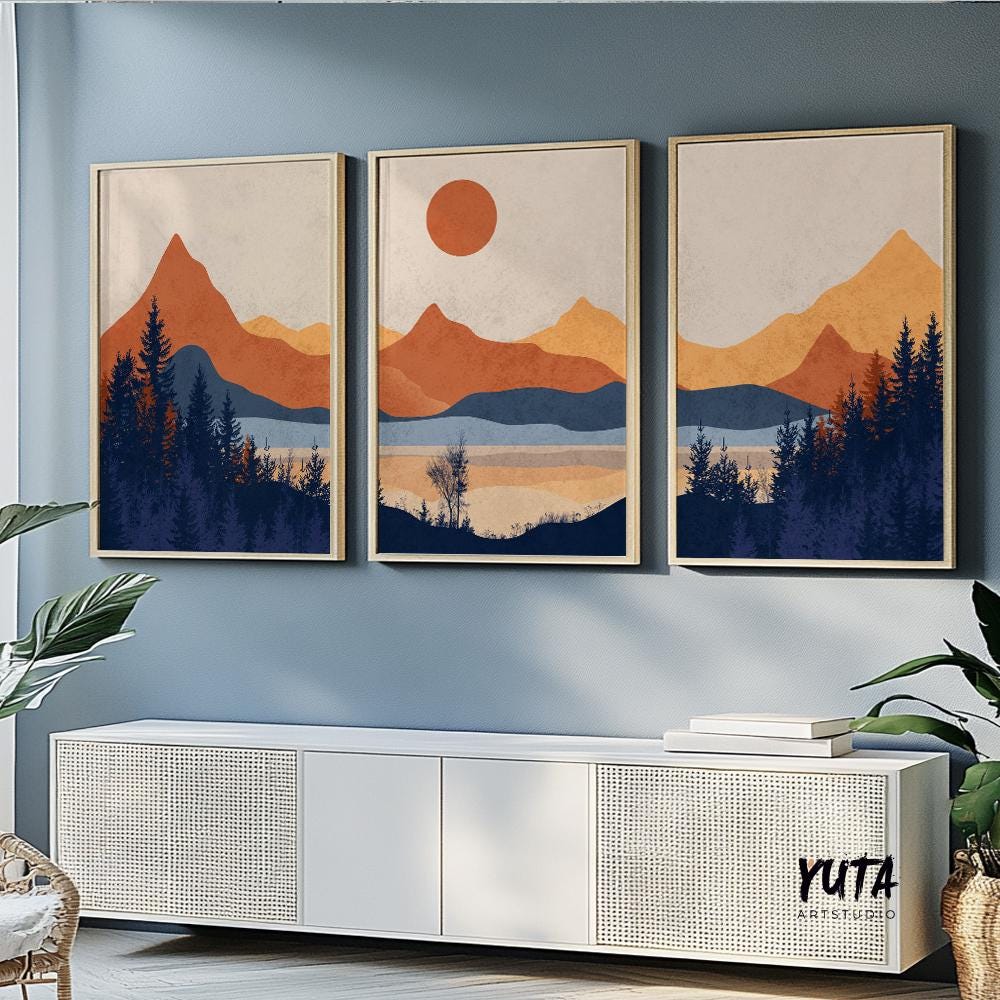 Terracotta Mountain set of 3 prints. Mid century modern gallery wall set. Minimalist landscape painting, aesthetic room decor, above bed art