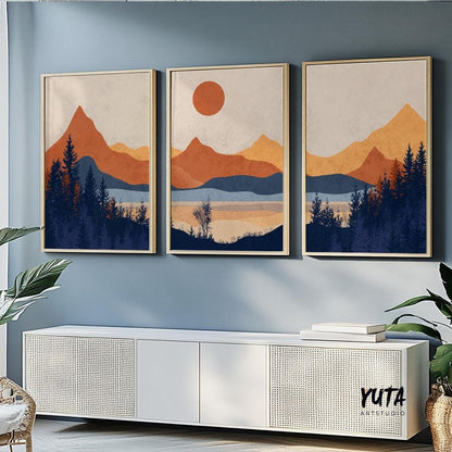 Terracotta Mountain set of 3 prints. Mid century modern gallery wall set. Minimalist landscape painting, aesthetic room decor, above bed art
