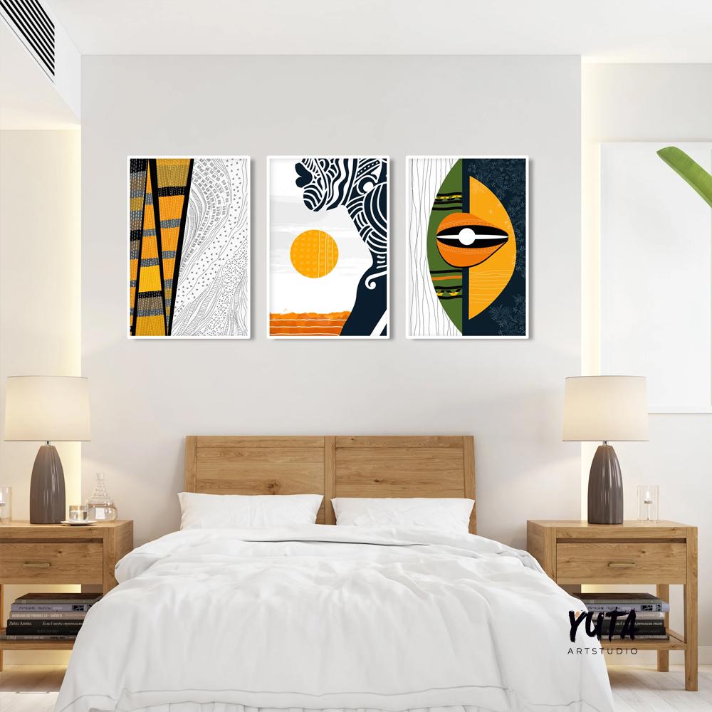 Afrocentric abstract art set of 3 prints, colorful black woman portraits, modern gallery wall decoration for apartments.