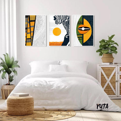 Modern abstract African art set of 3, contemporary black woman portrait prints, bold ethnic gallery wall decor.