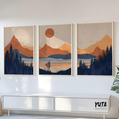 Mid-century inspired mountain wall art set for living room or gallery wall in vibrant color palette.