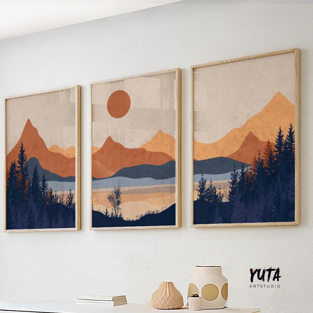 Modern landscape posters featuring forest sunset view with calming blue and warm terracotta colors.