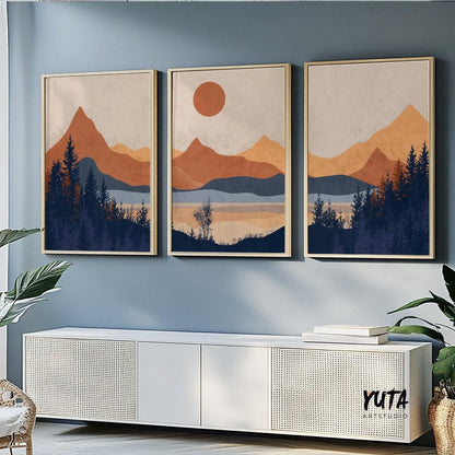 Minimalist mountain landscape prints in terracotta navy blue – stylish and modern home wall decor.