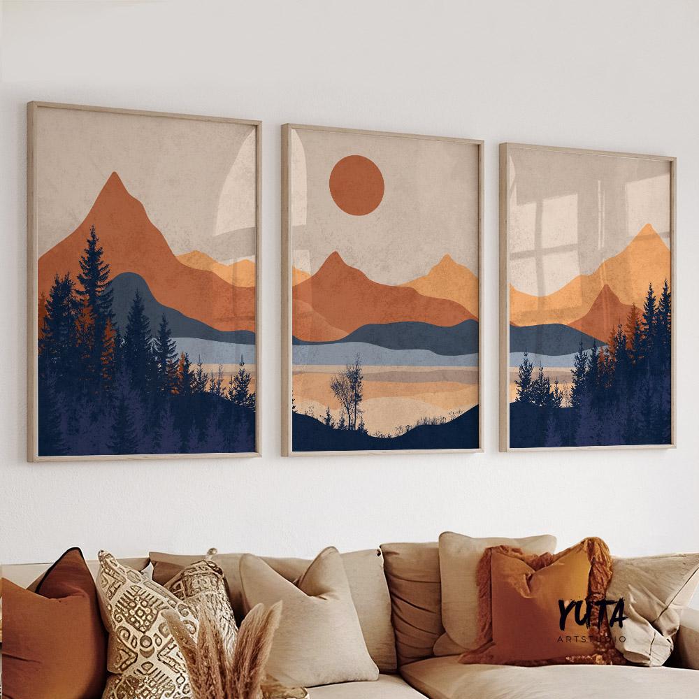 Set of 3 bright mountain prints with minimalist mid-century modern design in terracotta and blue tones.